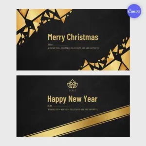 Merry Christmas and Happy New Year card template set with modern black and gold geometric design