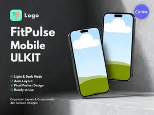 Mobile UI mockup with dual iPhone Pro for app presentation with dark background and feature list in Canva