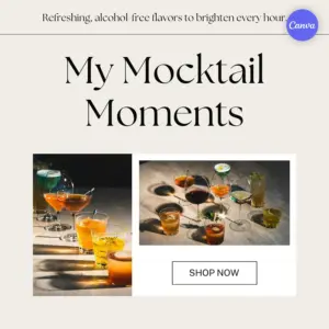 Elegant beige Instagram post template featuring mocktail product photography with sophisticated serif typography, showcasing colorful beverages and shop now button for lifestyle fashion brands