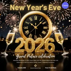 New Year Eve Instagram template with luxury gold clock champagne glasses and 2026 fireworks celebration design