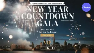 New Year's Eve party poster template with stunning fireworks over city skyline, December 31 date, Harbor Ballroom venue, VIP ticket section, and reserve table button