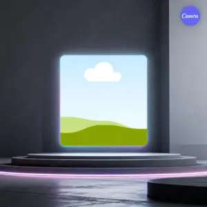 NFT mockup display with neon purple glow on dark pedestal for digital art and crypto collectibles showcase in Canva