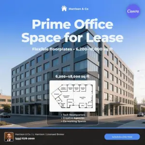 Office space for lease flyer template featuring modern commercial building photography, floor plan overlay, and broker contact section for Canva