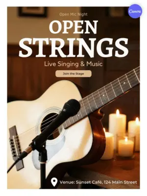 Free open mic night poster template with warm acoustic guitar and microphone, candlelit café setting, join the stage button, at Sunset Café venue