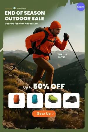 Outdoor gear sale poster template with dynamic hiker on mountain, product cards showing backpack boots and gear, up to 50% off, October 1-14 dates, and orange gear up button