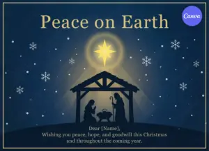 Peace on Earth Christmas card template with Nativity scene silhouette and Star of Bethlehem on navy blue background