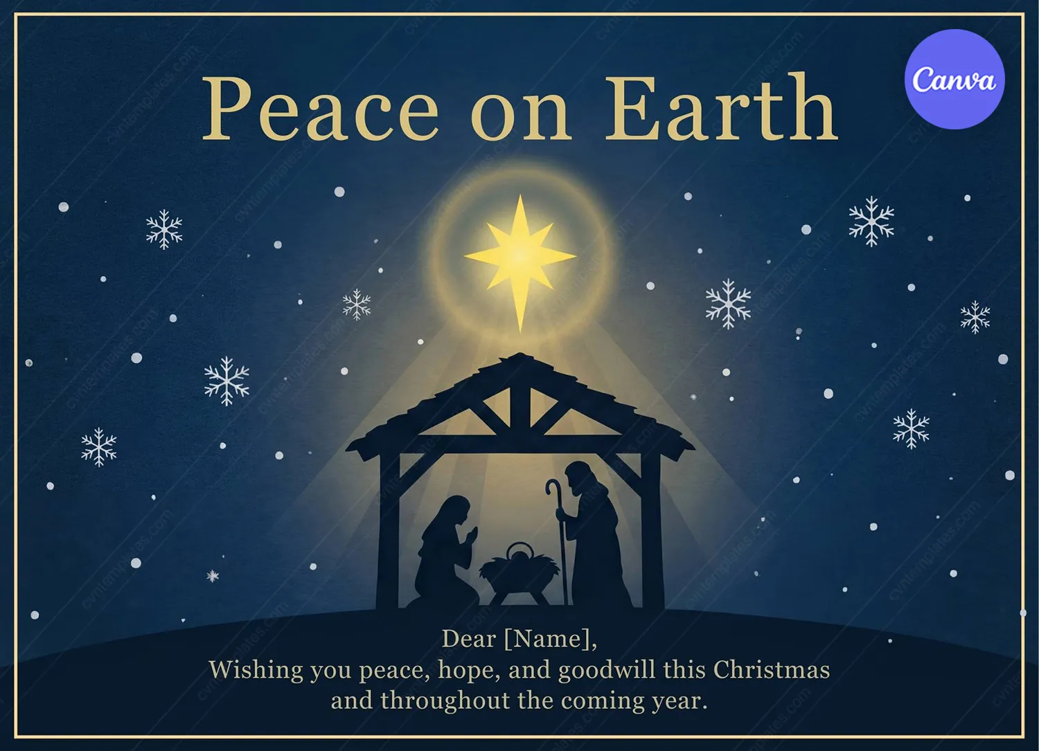 Peace on Earth Christmas card template with Nativity scene silhouette and Star of Bethlehem on navy blue background