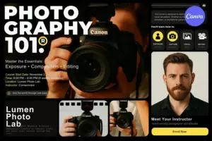 Photography course poster template with dark theme, Canon camera, instructor portrait, skill icons, November 2 start date, studio photos, and yellow enroll now button