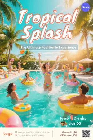 Pool party flyer template featuring vibrant tropical summer photography, palm trees, and beach event design with ticket pricing for Canva