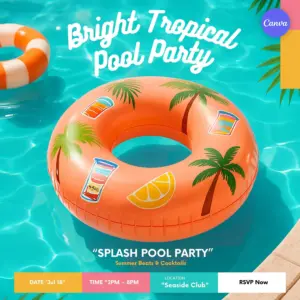 Free pool party poster template with vibrant tropical pool float in blue water, palm tree designs, July 18 from 2PM-8PM at Seaside Club, and RSVP now button