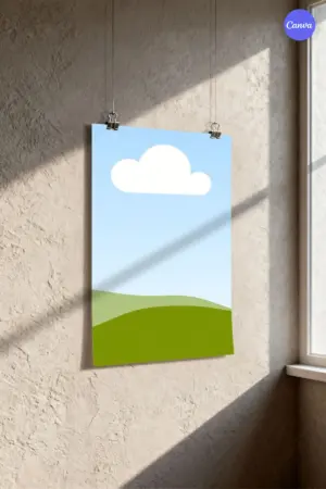 Poster mockup hanging with binder clips on concrete wall with natural light shadows for art print display in Canva