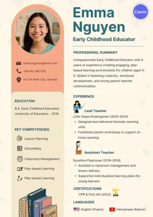 Preschool teacher resume template for Canva with soft peach mint colors, circular photo frame, and competency icons