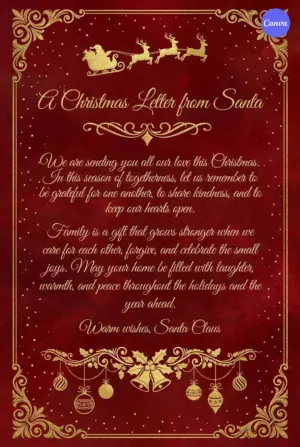 Elegant red velvet Santa letter template with gold Santa sleigh reindeer silhouette ornate corner flourishes Christmas bells and warm family message
