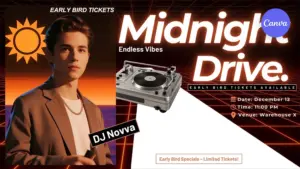 Retro synthwave party flyer template featuring 80s neon sunset design, vintage turntable graphics, and DJ event promotion for Canva