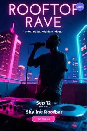 Rooftop party poster template with electric performer silhouette against neon pink blue cityscape, September 12 at 9PM at Skyline Roofbar, and pink get tickets button