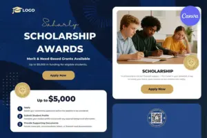 Scholarship awards poster template with professional students studying, navy blue gold design, up to $5000 funding, 3-step application process, official seals, and apply now buttons