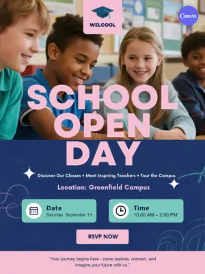 School open day poster template with friendly diverse students in classroom, pink blue design, September 13 from 10AM-2PM at Greenfield Campus, and RSVP now button