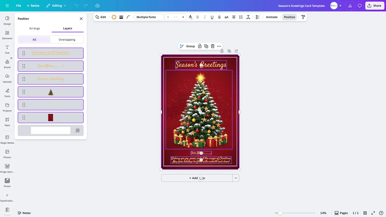 Season's Greetings Card Template - Classic Christmas Tree with Gifts Design - Image 2