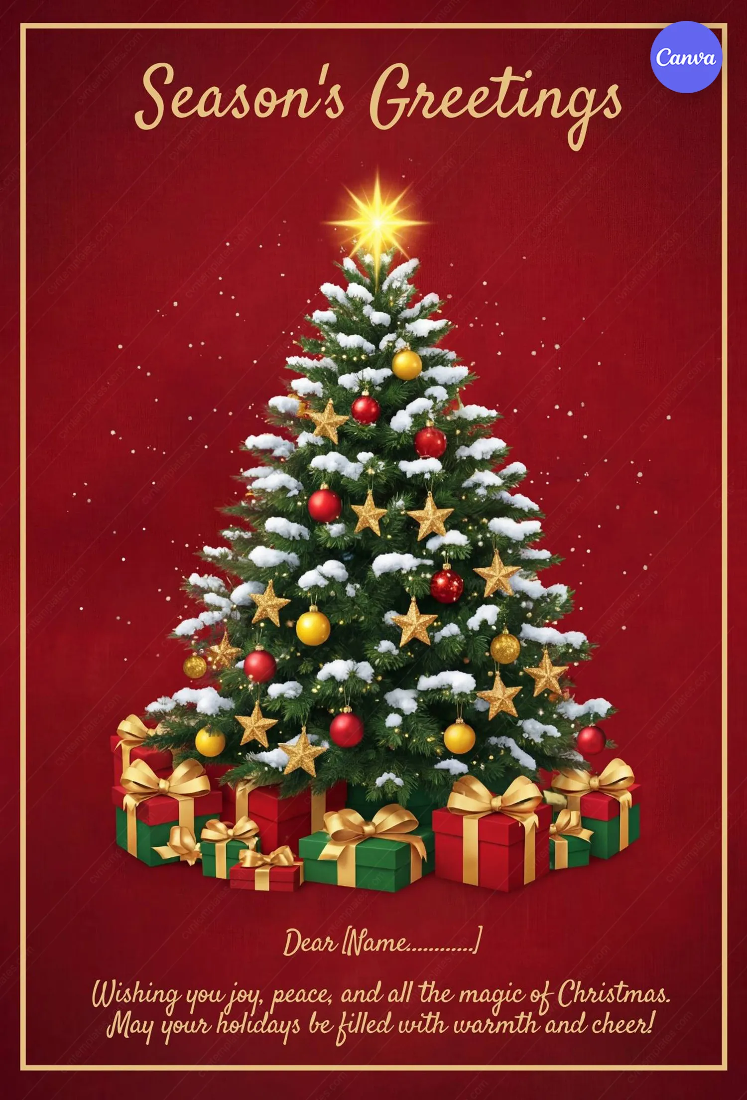 Season's Greetings card template with decorated Christmas tree ornaments and gift boxes on red background
