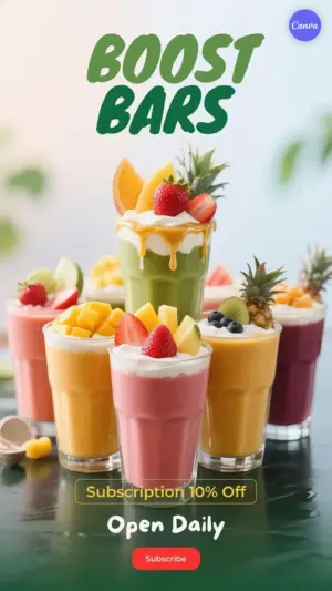 Free smoothie bar poster template with colorful fresh fruit smoothies, tropical toppings, 10% subscription discount, open daily text, and red subscribe button