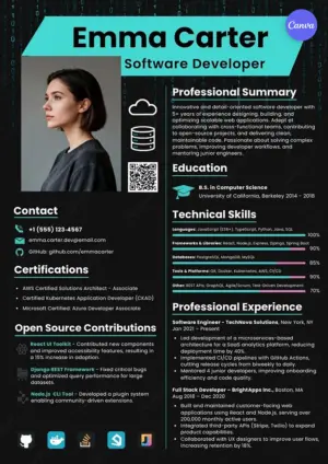 Software developer resume template for Canva with dark matrix code design, technical skills bars, and tech stack icons