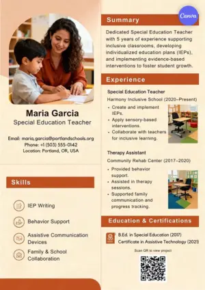 Special education teacher resume template for Canva with warm orange design, skills icons, and classroom photos