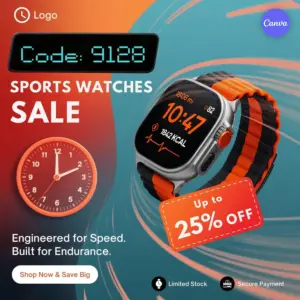 Sports watch Instagram post template with orange and teal design featuring smartwatch and 25 percent off fitness sale discount