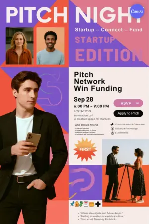 Startup pitch night poster template with vibrant coral pink and purple color blocks, professional photos of entrepreneurs, RSVP buttons, and event details for networking event