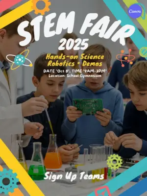 Free STEM fair poster template with vibrant students doing science experiments, colorful borders, October 8 from 9AM-3PM at School Gymnasium, and sign up teams button