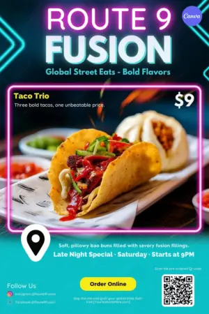 Street food flyer template featuring neon pink and cyan design, taco photography, and late night promotion for fusion restaurants in Canva