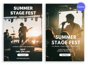Summer music festival poster template with energetic live band at sunset, golden hour lighting, July 26 from 4PM-11PM at Harbor Park, and get tickets button