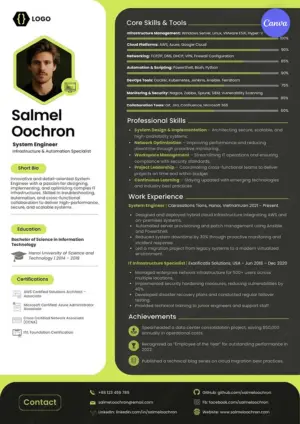 System engineer resume template for Canva with black lime green design, infrastructure skills bars, and DevOps experience