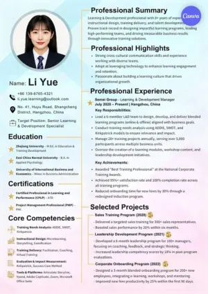 Training manager resume template for Canva with gradient design, L&D projects section, and CPLP certification