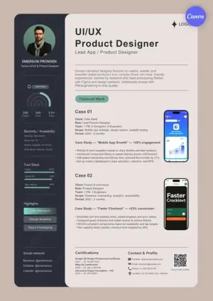 UI/UX designer resume template for Canva featuring dark sidebar, case study portfolio sections, and mobile app mockups