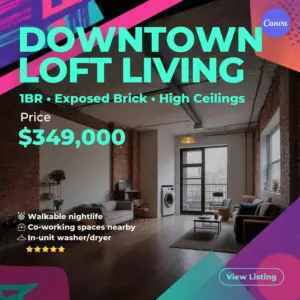 Urban loft real estate flyer template featuring exposed brick interior, turquoise headlines, and modern downtown property listing design for Canva