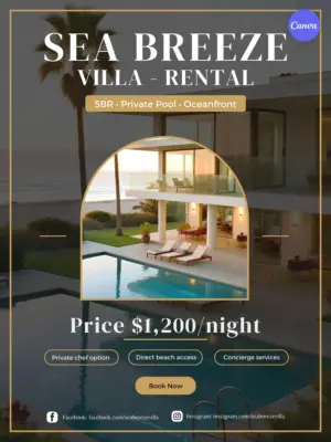 Vacation rental flyer template featuring luxury beachfront villa with pool, elegant gold and teal design for property marketing in Canva