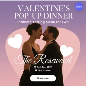 Valentine's Day dinner poster template with couple embracing, romantic purple pink gradient, heart accents, February 14 date, and book now button for restaurant promotion