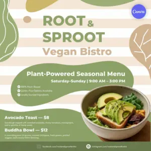 Vegan restaurant flyer template featuring plant-based menu design, earthy green botanical aesthetics, and healthy food photography for Canva