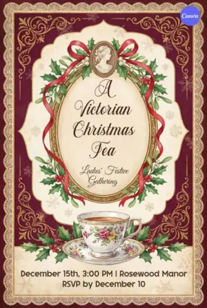 Victorian Christmas tea party invitation template featuring elegant vintage design elements and classic holiday motifs for refined celebrations