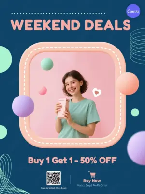 Weekend sale Instagram template with pastel pink and blue design featuring young woman and buy one get one 50 percent off promotion