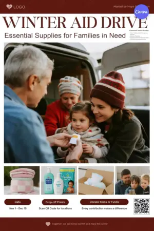 Winter aid drive poster template with maroon theme, family receiving donations, essential supplies photos, November to December dates, QR code, and donate buttons