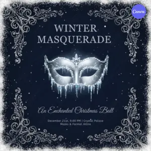 Winter masquerade Christmas ball invitation template featuring enchanting mask designs and magical winter elements for elegant holiday celebrations