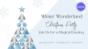 Winter wonderland Christmas party invitation template featuring magical snowflakes and enchanting winter design for holiday celebrations