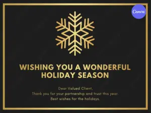Wishing You a Wonderful Holiday Season card template with gold geometric snowflake on black background
