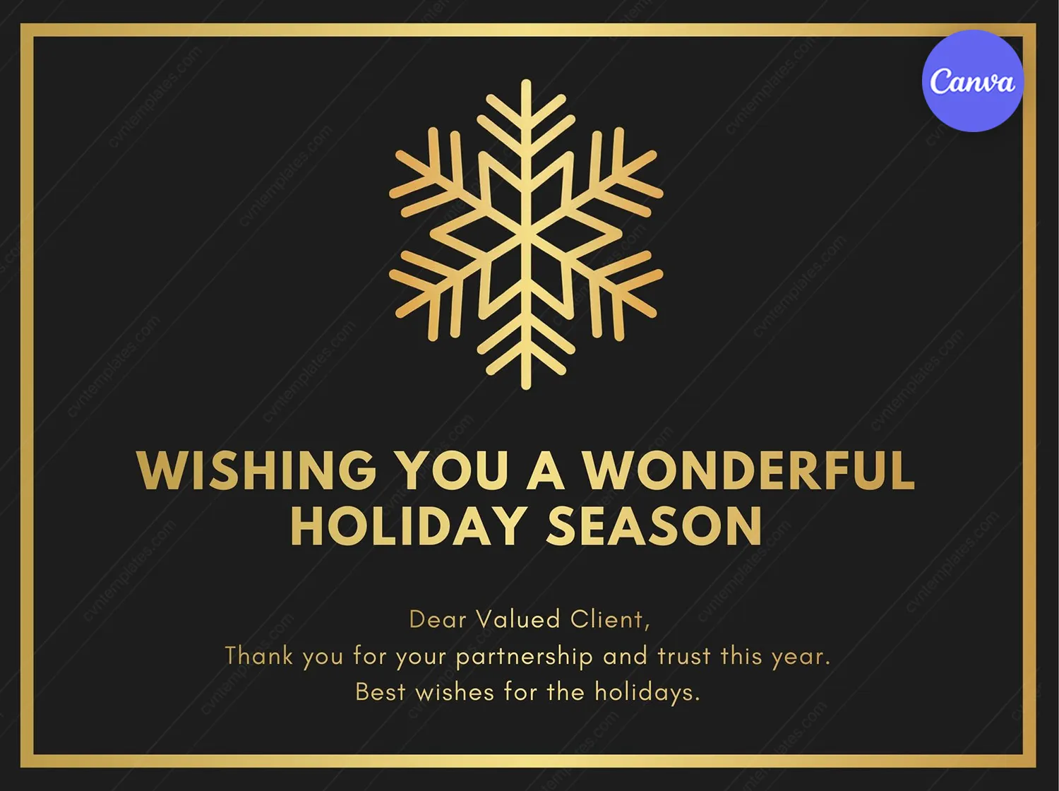 Wishing You a Wonderful Holiday Season card template with gold geometric snowflake on black background