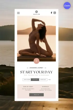 Free yoga class poster template with woman in yoga pose at sunset lake, white overlay card with morning flow schedule, join now explore and contact buttons for wellness studio promotion