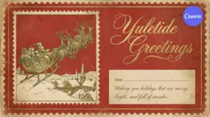 Yuletide Greetings vintage postcard card template with Santa sleigh flying over snowy village