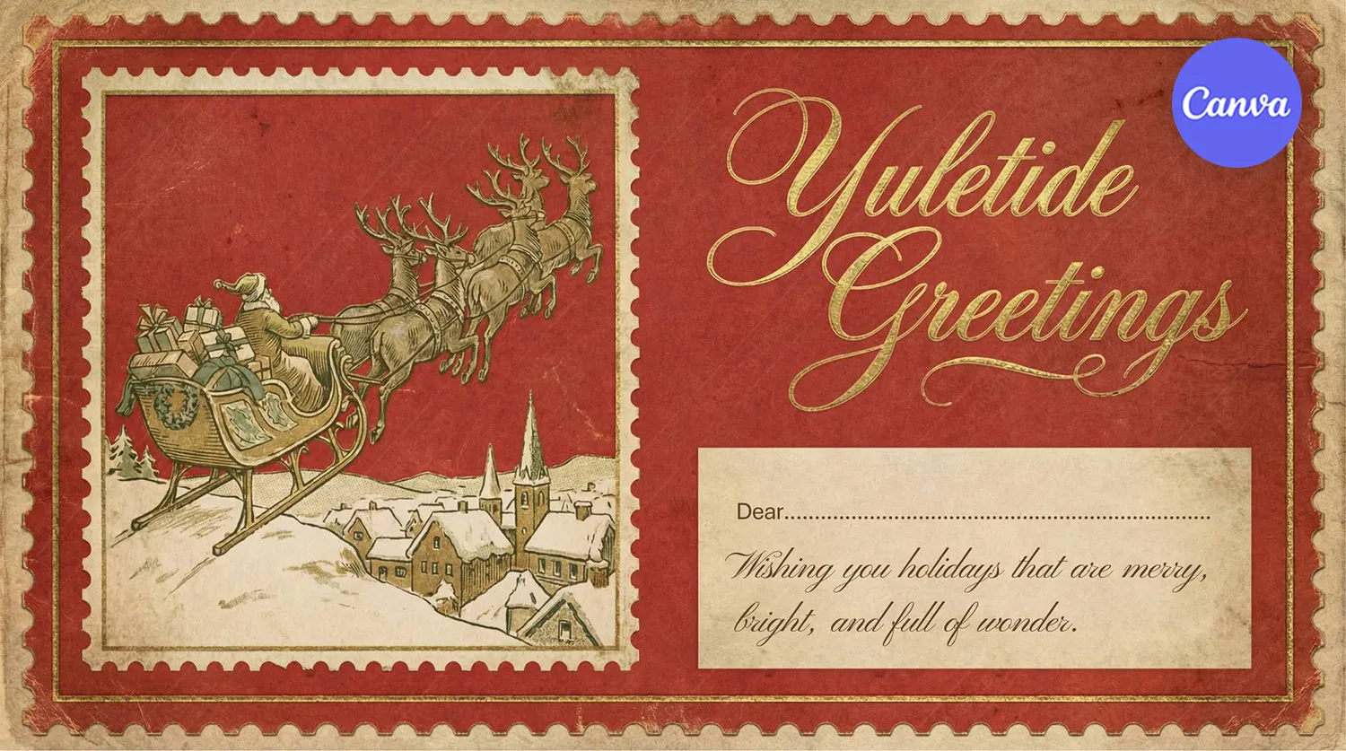 Yuletide Greetings vintage postcard card template with Santa sleigh flying over snowy village